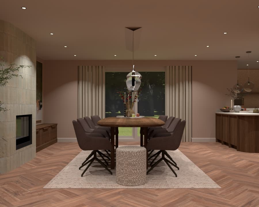 Eetkamer met rustige materialen en sfeervolle verlichting