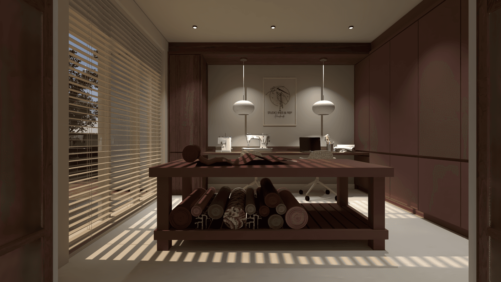 Naaikamer detail met warme materialen